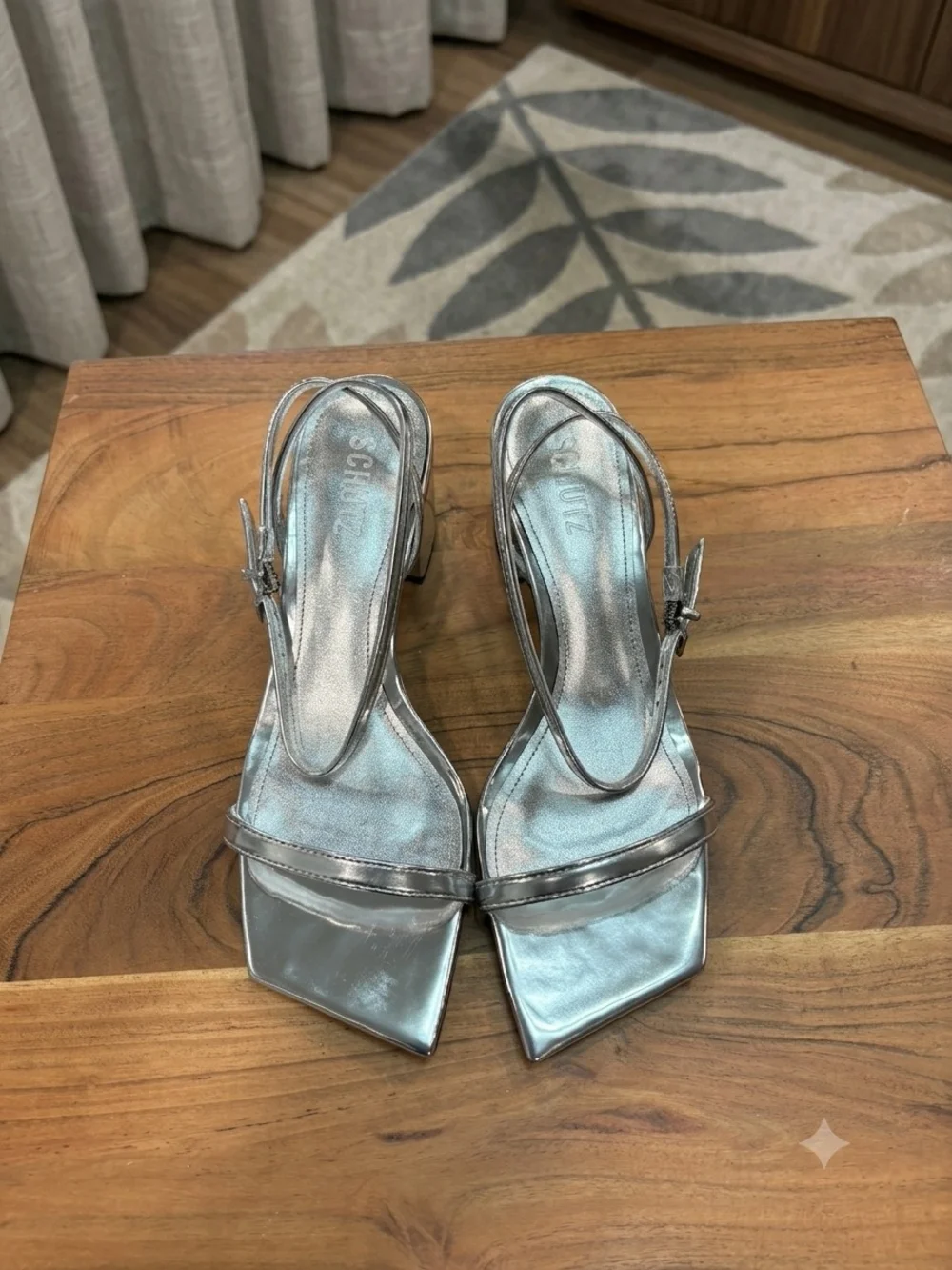 Silver Square-Toe Slingback Heels